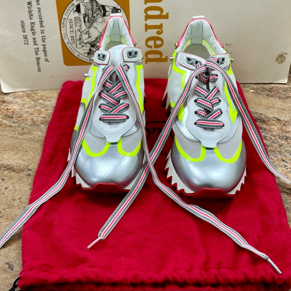 Christian Louboutin Metallic Silver and Neon Yellow Sneakers